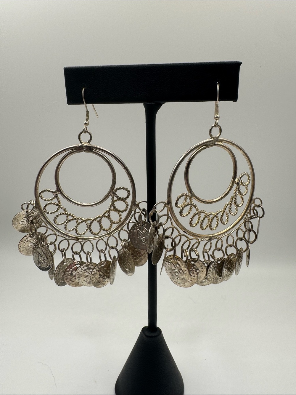 Vintage Silver Tone Coin Dangle Hoop Earrings